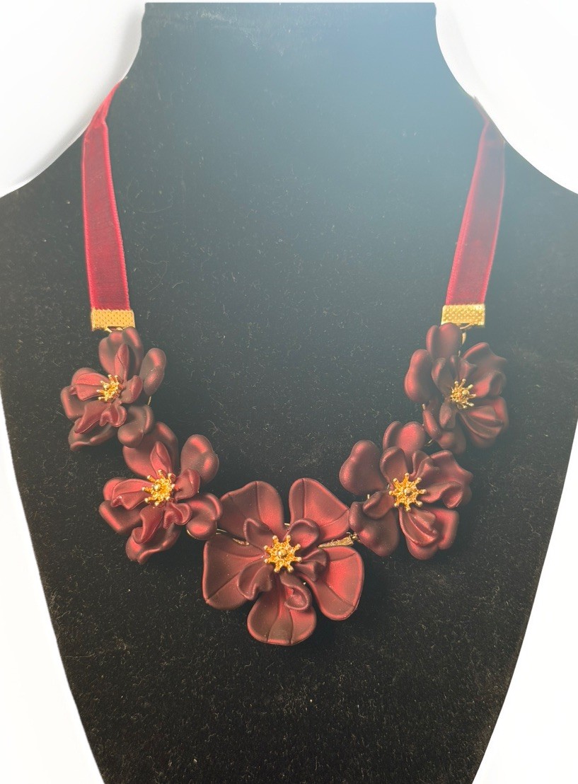 I Am Red Burgundy Flower Necklace And Earrings Gold Tone Jewelry Set New Gift