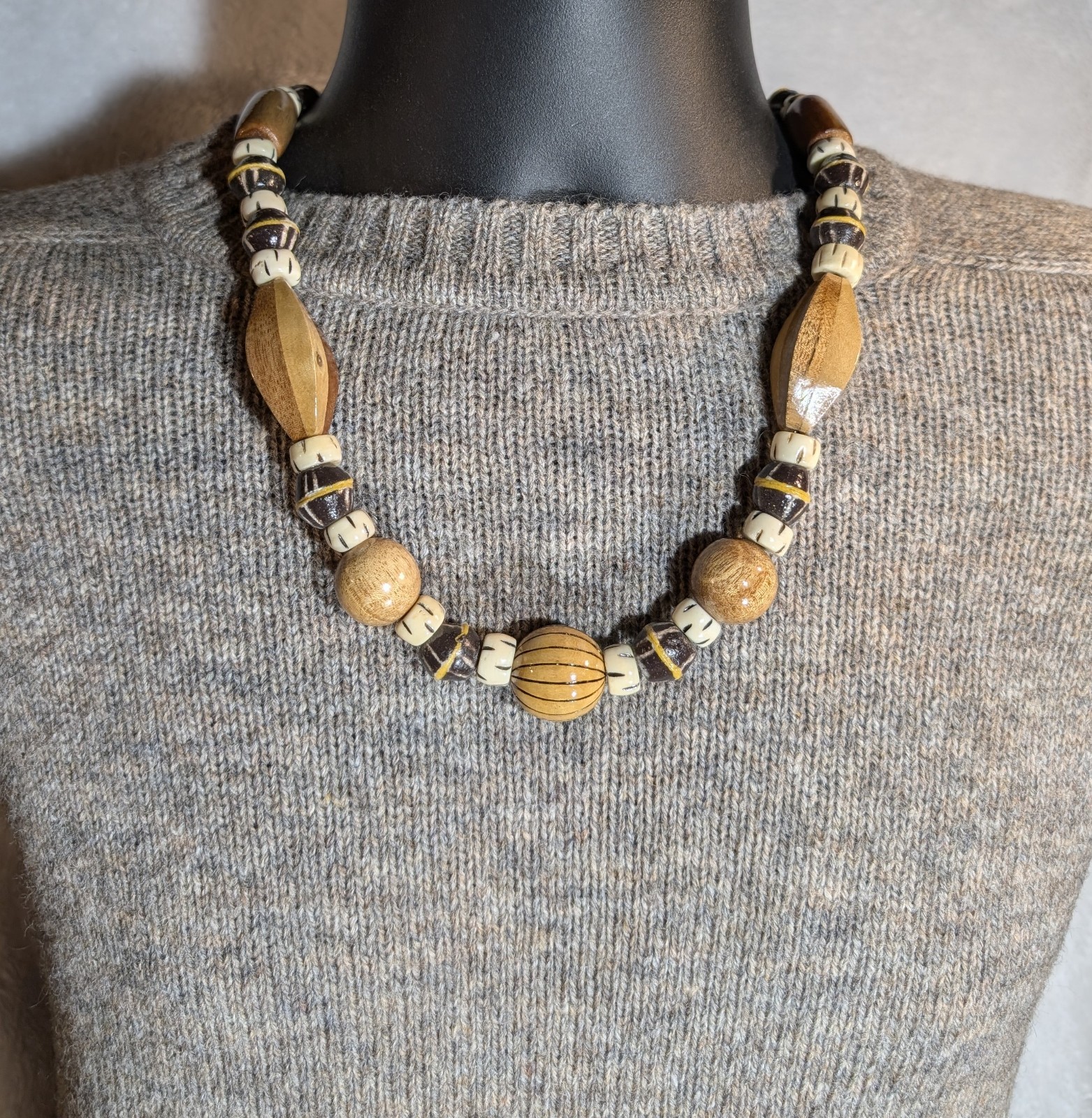 Tribal Wood Bead Necklace, African Krobo Bicone, Bone, Men’s 23in, Earth Tones