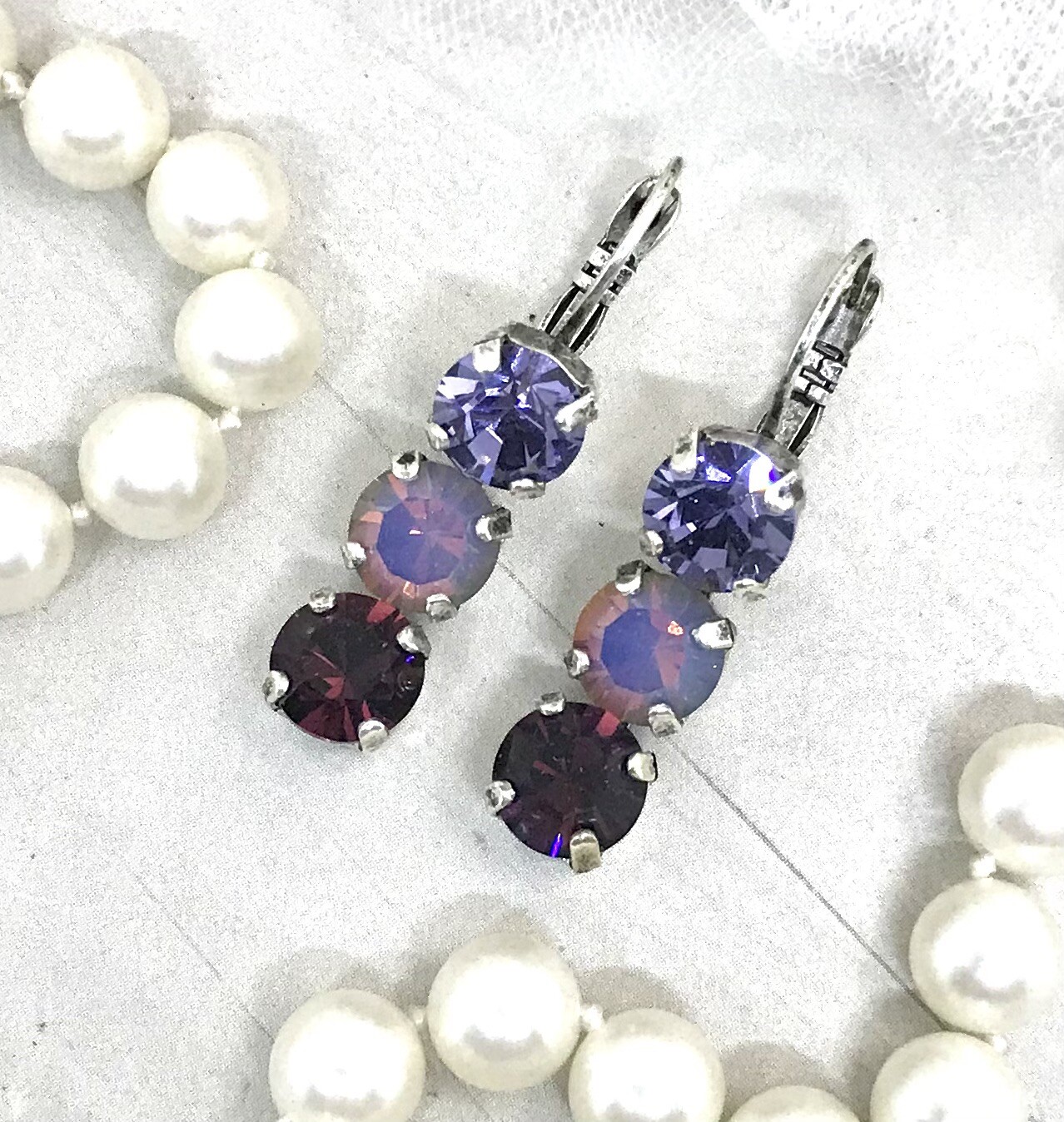 Triple Stone Cup Chain Crystal Earrings made with Purple Austrian Crystals
