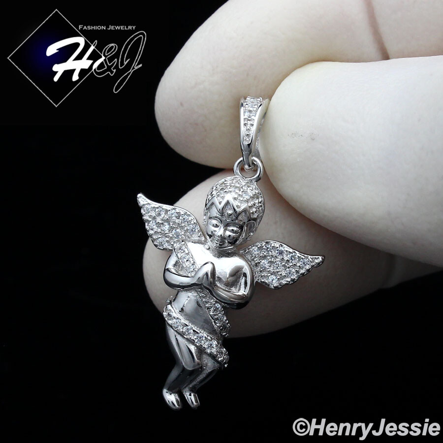 MEN WOMEN SOLID 925 STERLING SILVER ICY BLING CZ ANGEL WING SILVER PENDANT*SP349