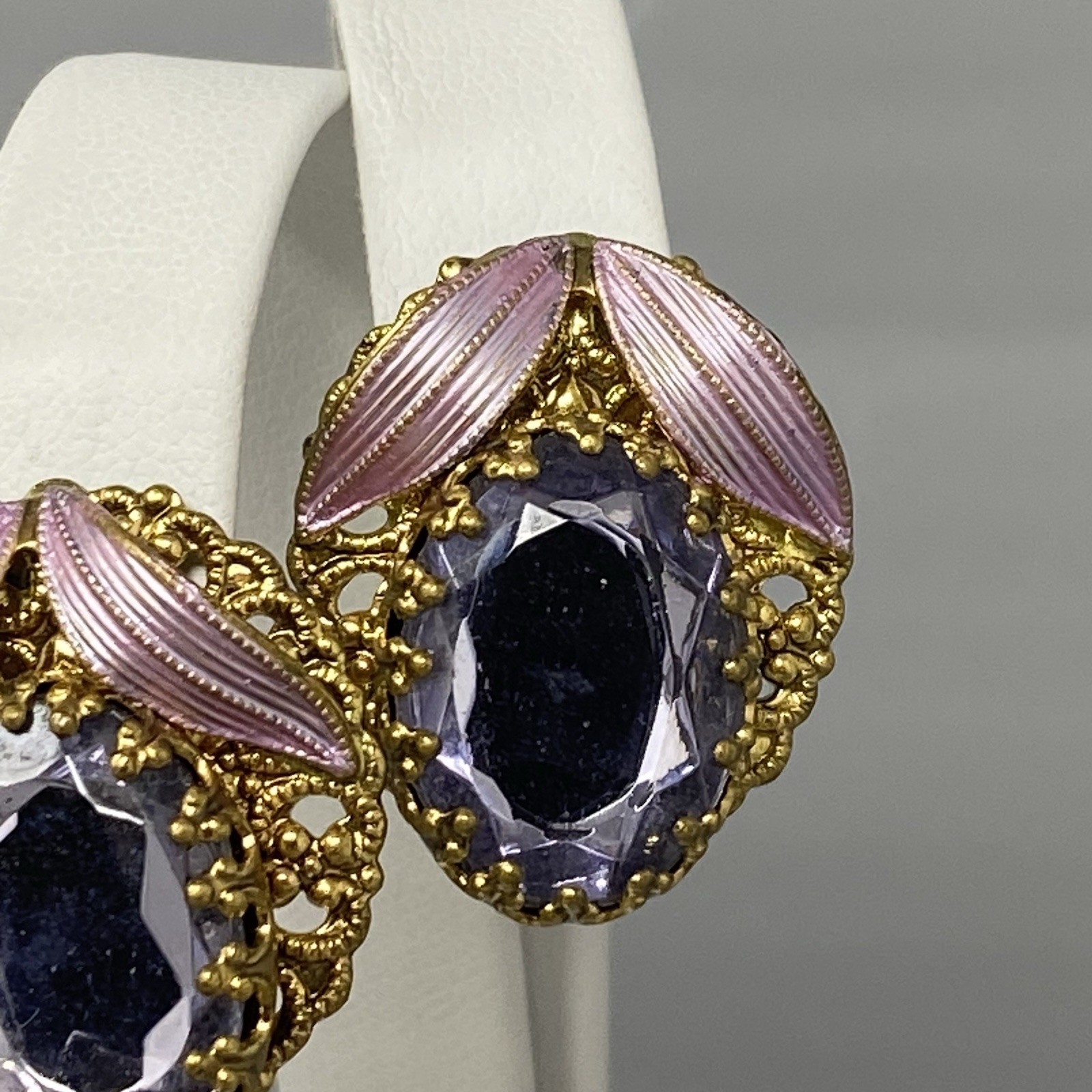 Purple Glass Rhinestone Earrings Pierced Enamel Silk Ribbon W Germany Style 1″