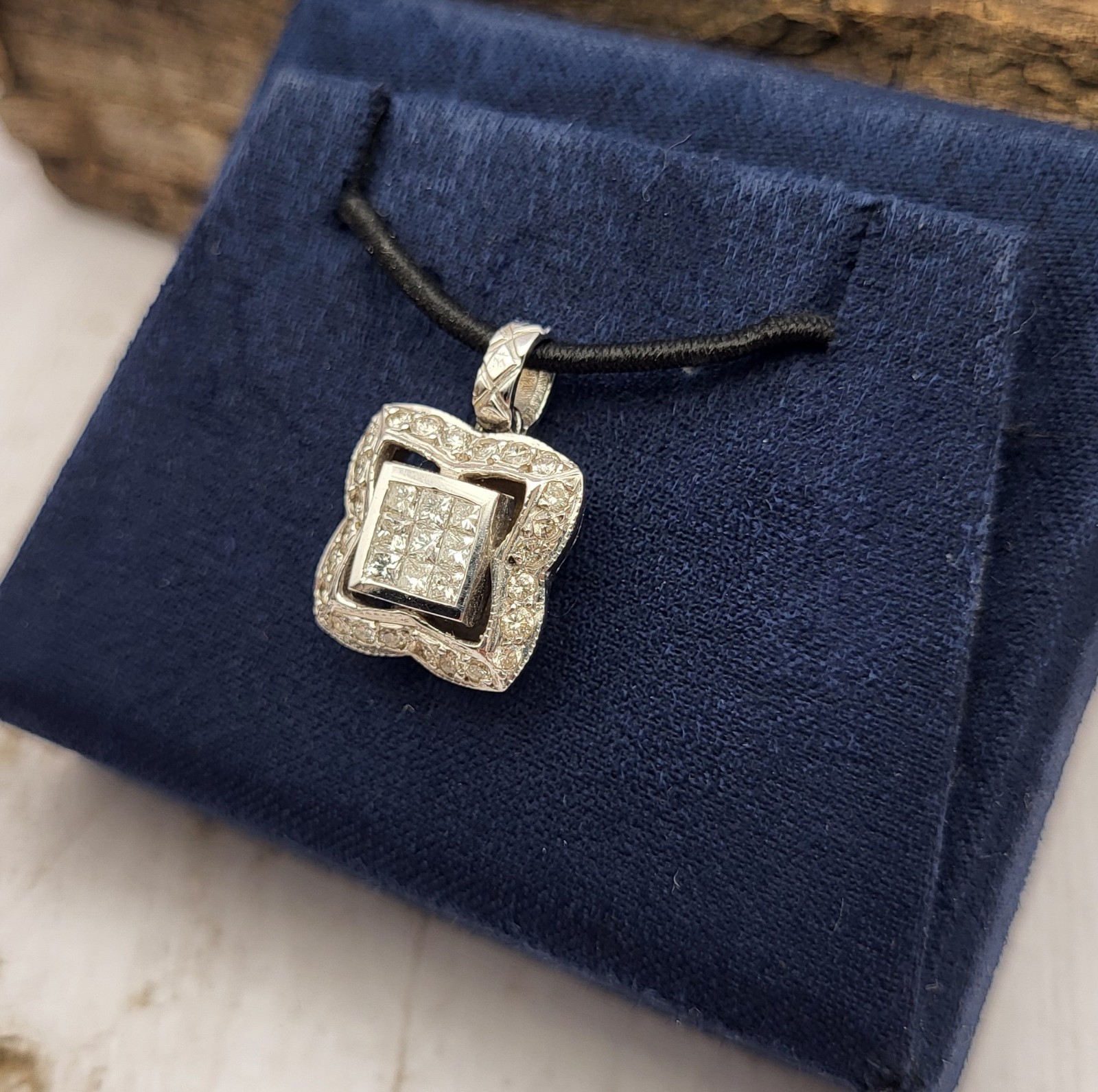 Heavy! 18K White Gold Square Princess Cut Diamond Pendant Charm Signed H.O.B.