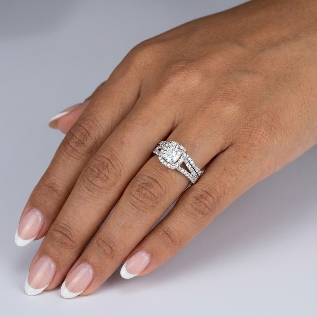1.8CT Lab-Created Diamond E/VVS1 Cushion 18K White Gold Halo Side-Stone Ring Set