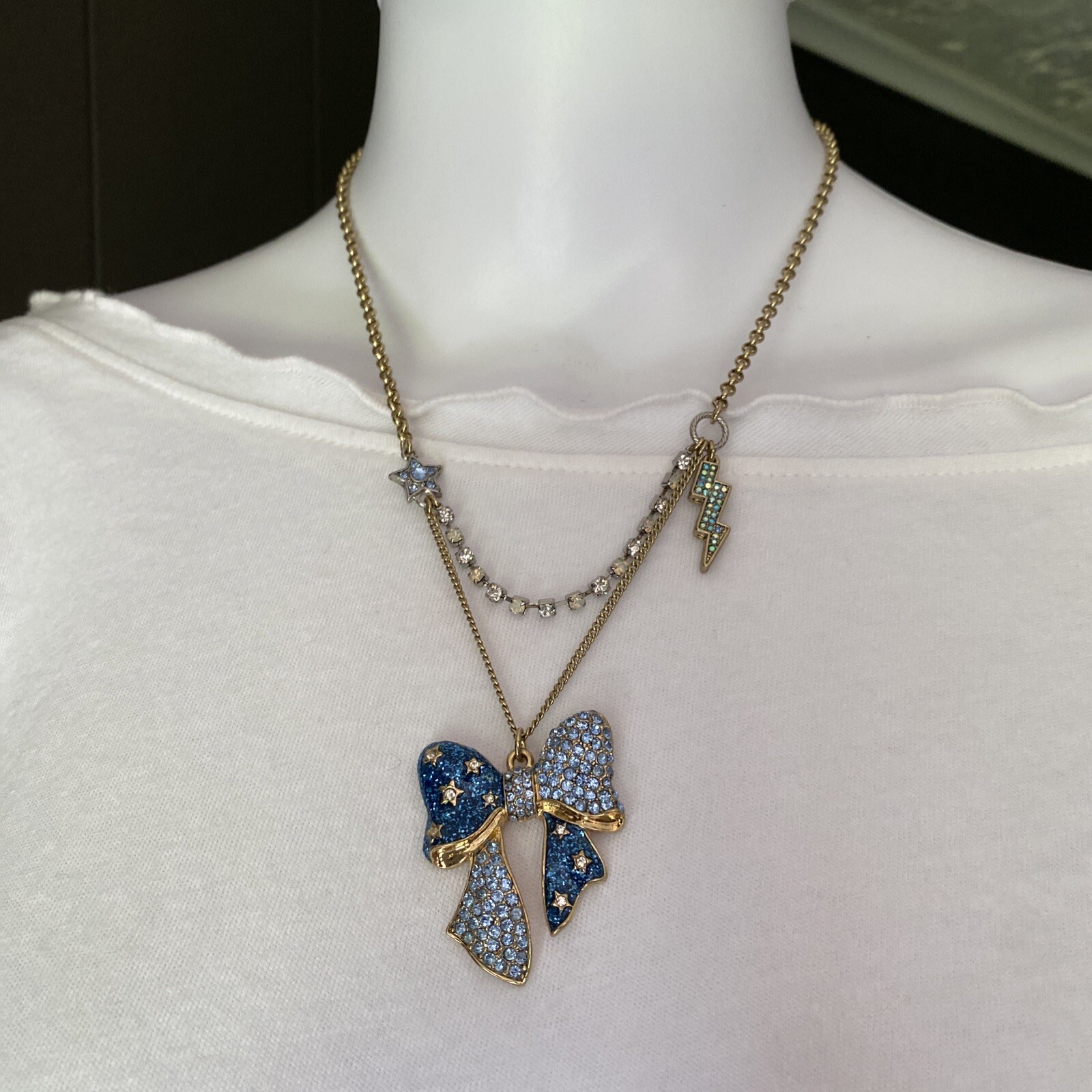 BETSEY JOHNSON Necklace HEAVENS TO BETSEY BLUE PAVE CRYSTAL Lightening Bolt, Bow
