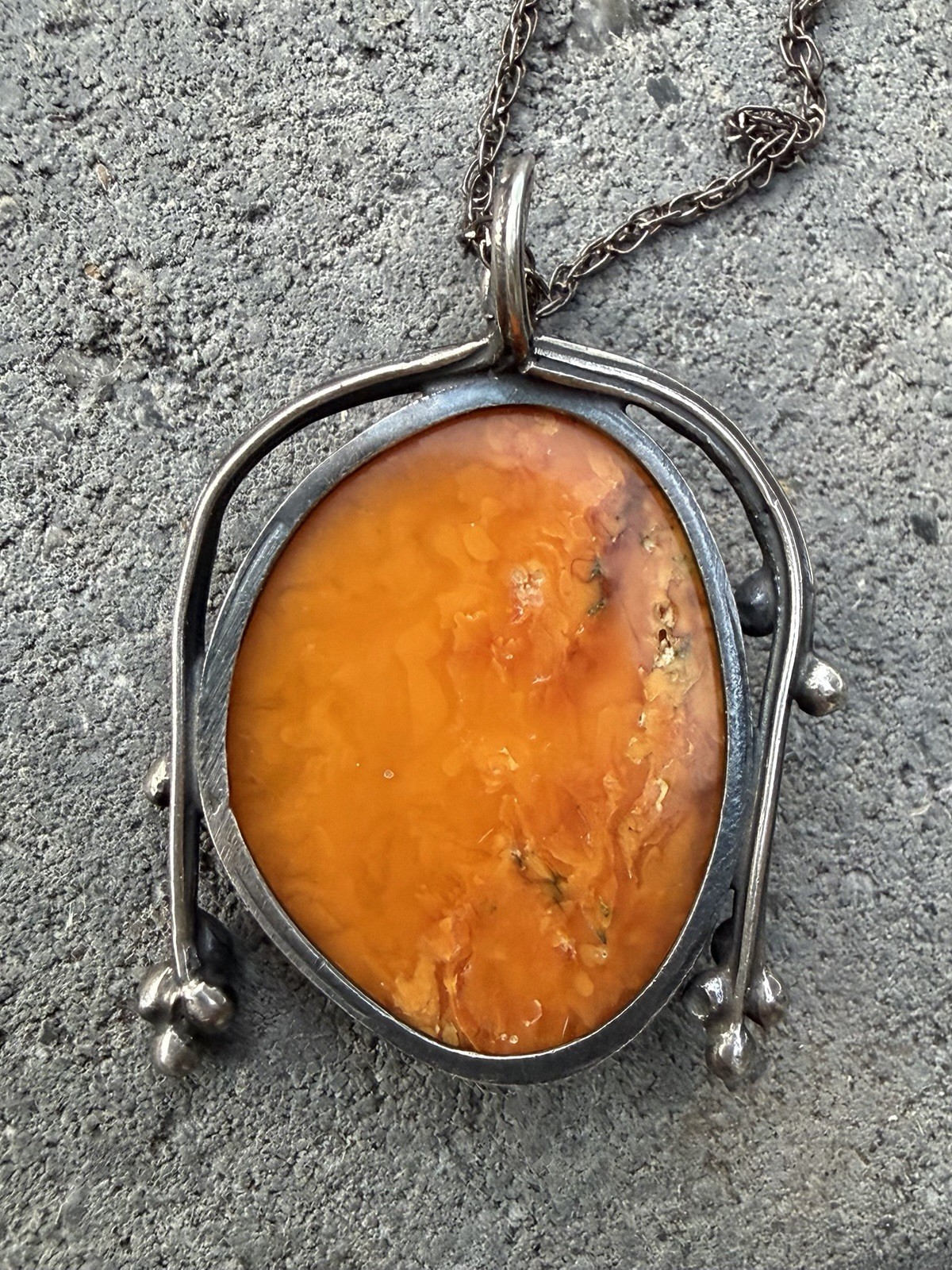Large Mod Vintage Egg Yolk Butterscotch Amber Pendant Sterling Silver Necklace