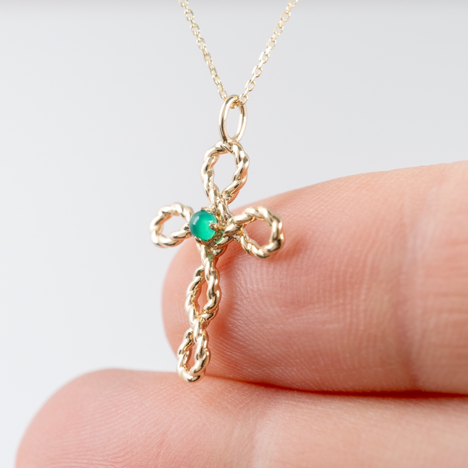 9ct Gold Cross Necklace Green Onyx Pendant Hallmarked Yellow Gold Cabochon