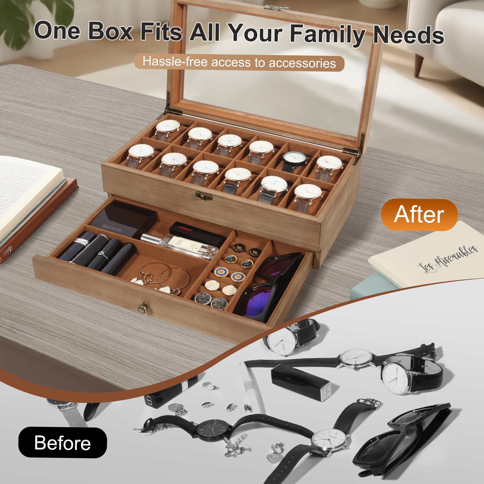 12 Slot Solid Wood Watch Box Clear Glass Top, Men’s Jewelry Display Storage Case