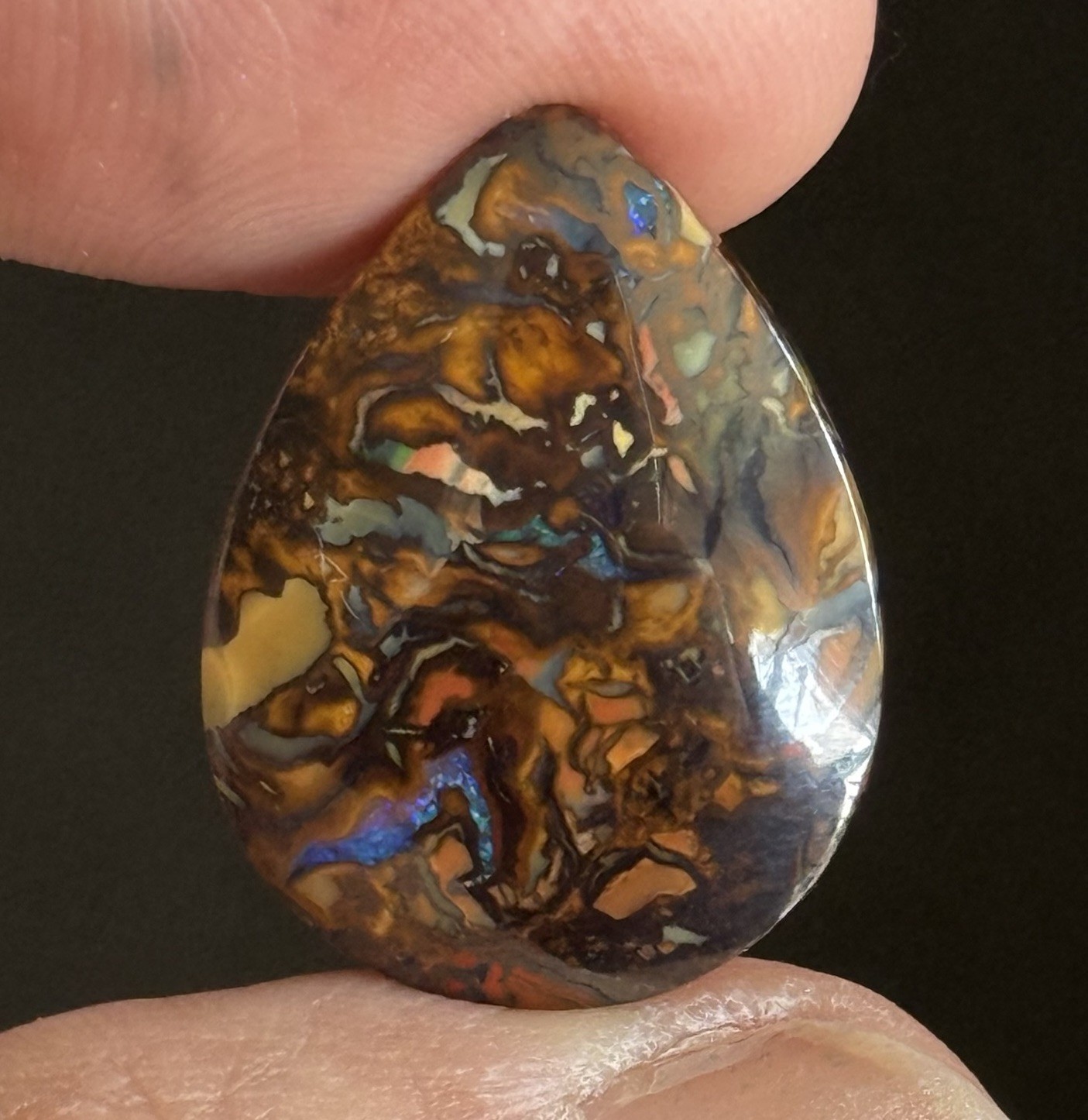 14.2ct 22.3×16.6×4.5mm Colorful Australian Koroit Boulder Opal Drop Cabochon Gem