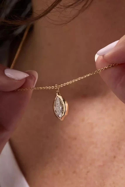 Bezel Set 1Ct Marquise Cut Moissanite Solitaire Pendant 14K Yellow Gold Plated