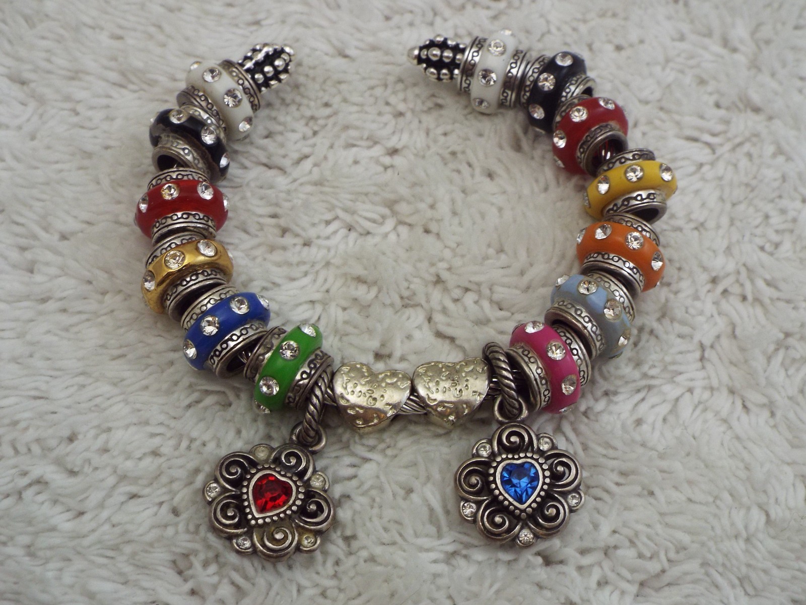 Silvertone Rhinestone Colorful European Bead Charm Cuff Bracelet
