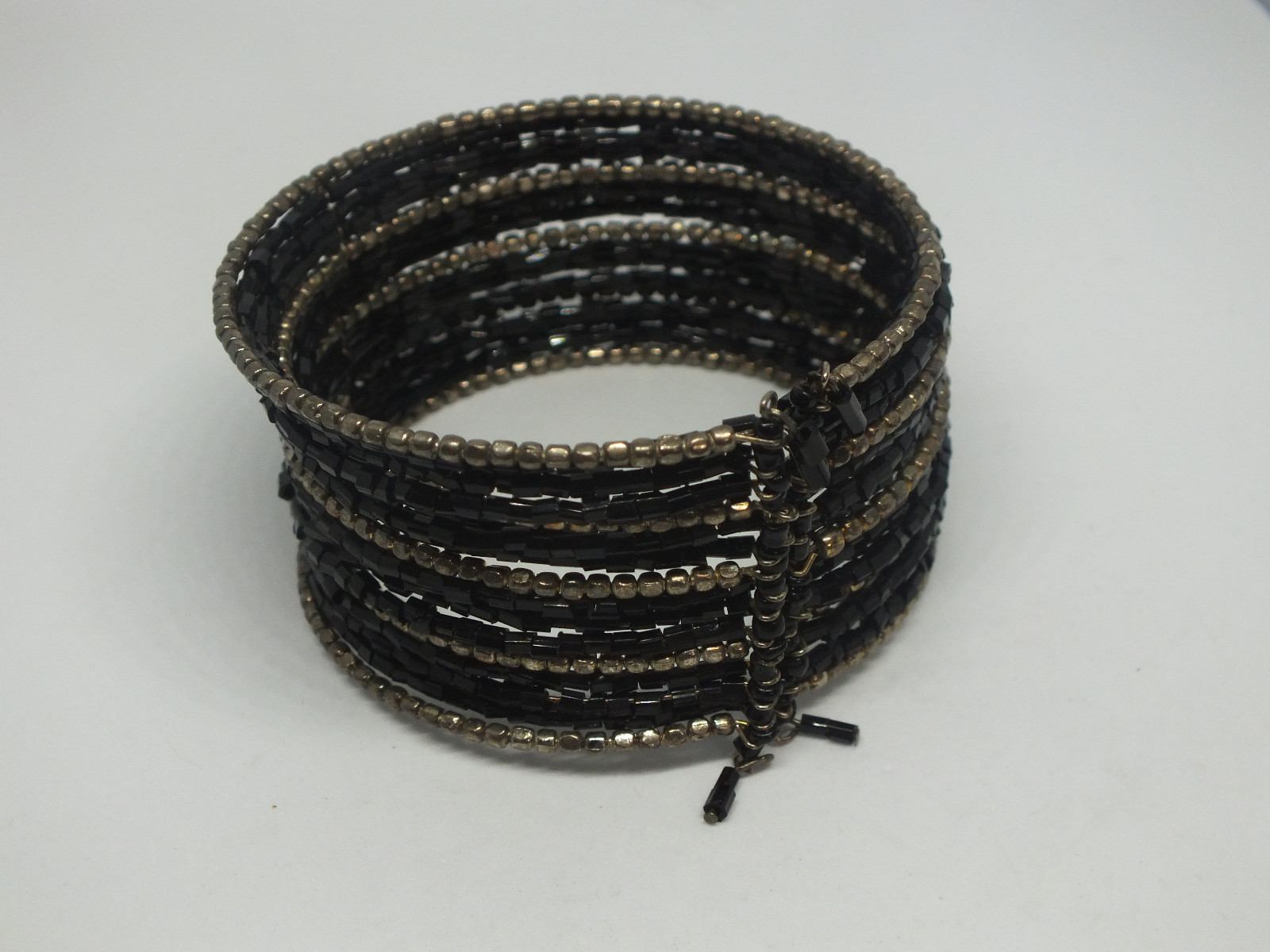 Beautiful Wrap Cuff Bracelet Black Silve Beads 1 1/4 Inch Wide NICE