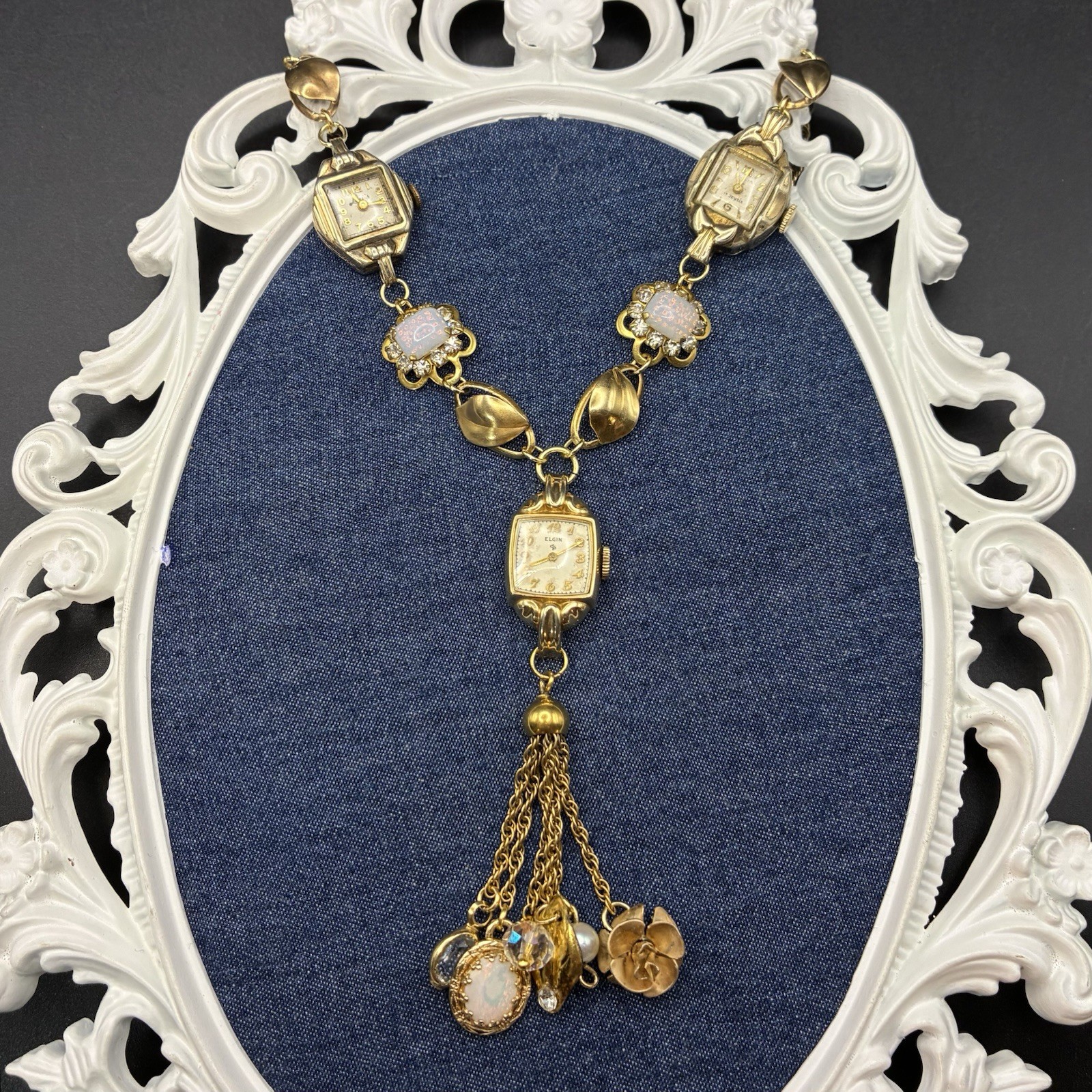 Custom OoaK Vintage Gold Filled Triple Watch Necklace, Opal, Estate Assemblage