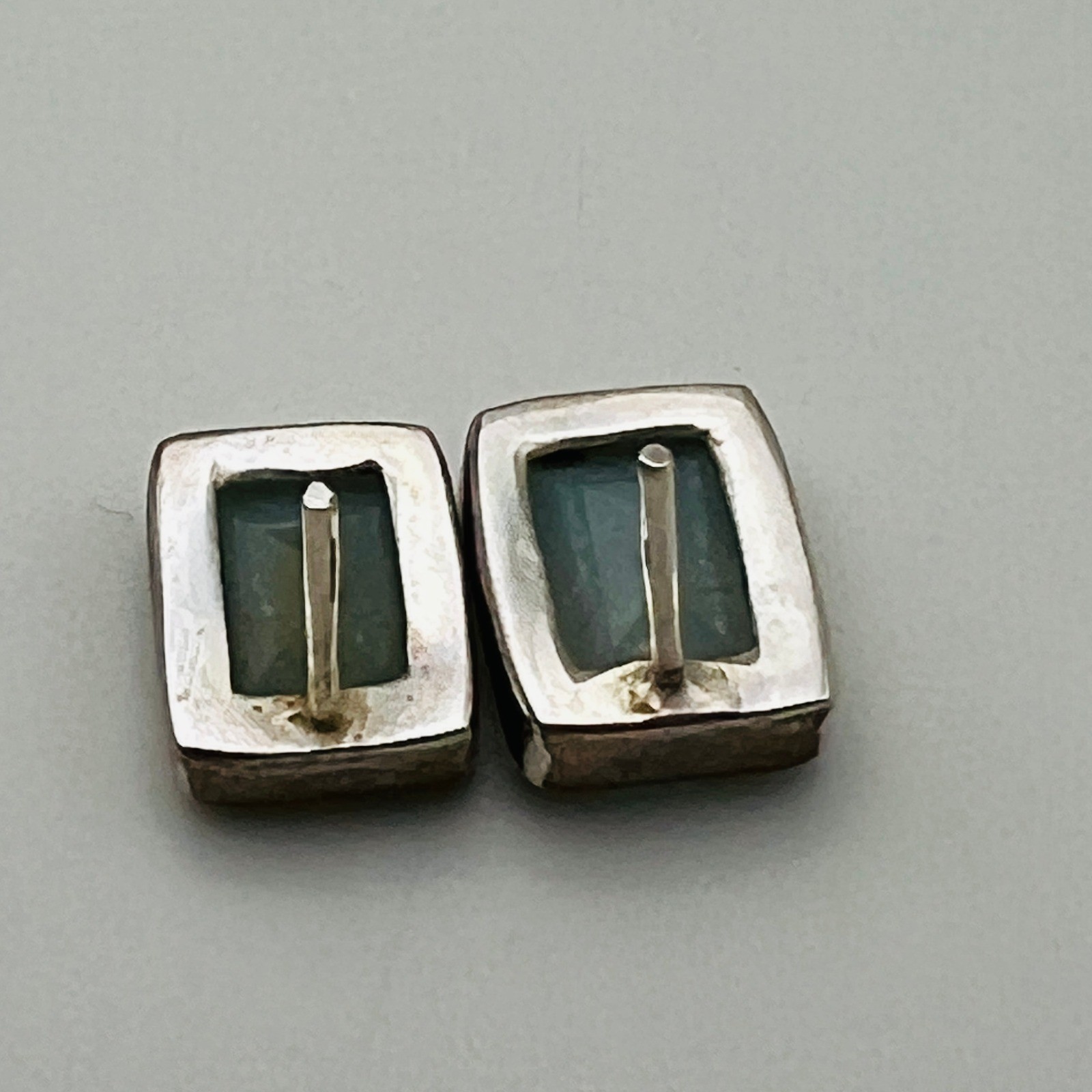Silver Tone Stud Earrings Rectangle Blue Glass Modern Minimal Jewelry