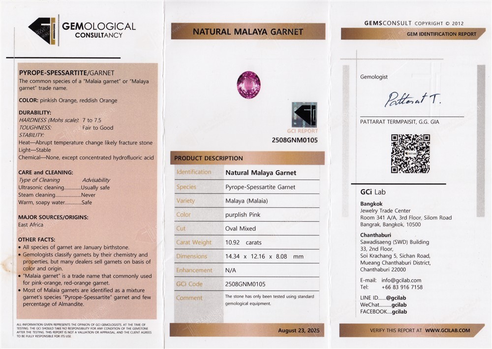 💎 GCI CERTIFIED 10.92ct VS Oval Natural Purplish Pink Malaya Garnet – Premium
