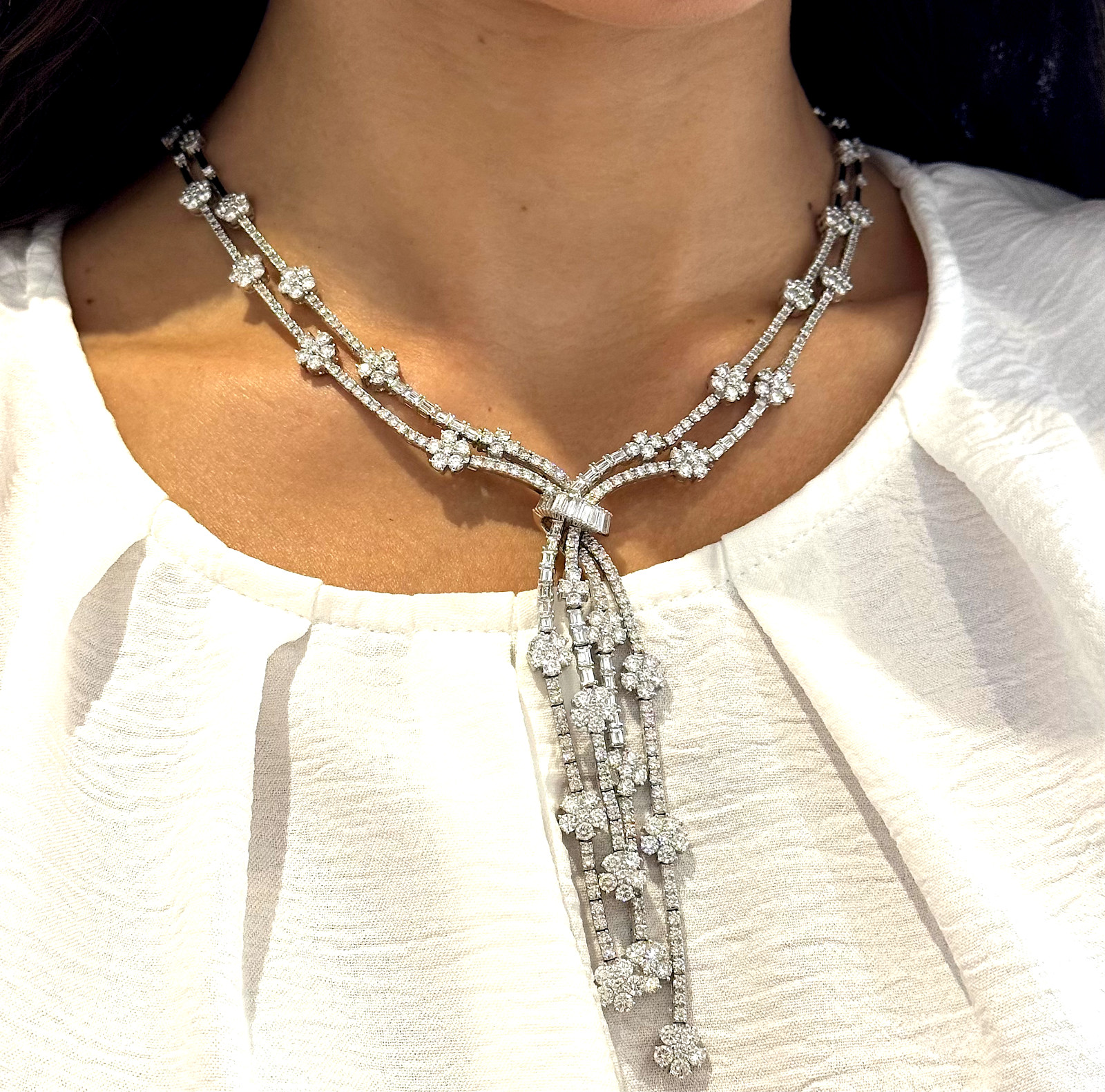 20.00 CT Diamond Two Row Floral Line Drop Necklace 18K White Gold Natural
