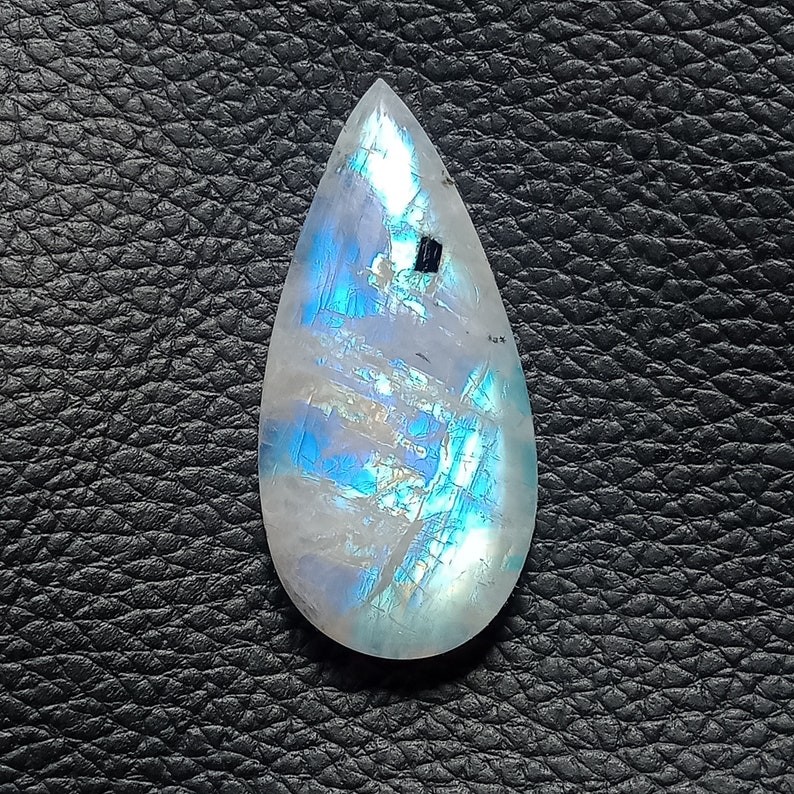 Rainbow Moonstone Cabochon with Black Tourmaline, Pear Gemstone, Big Size 45x21x