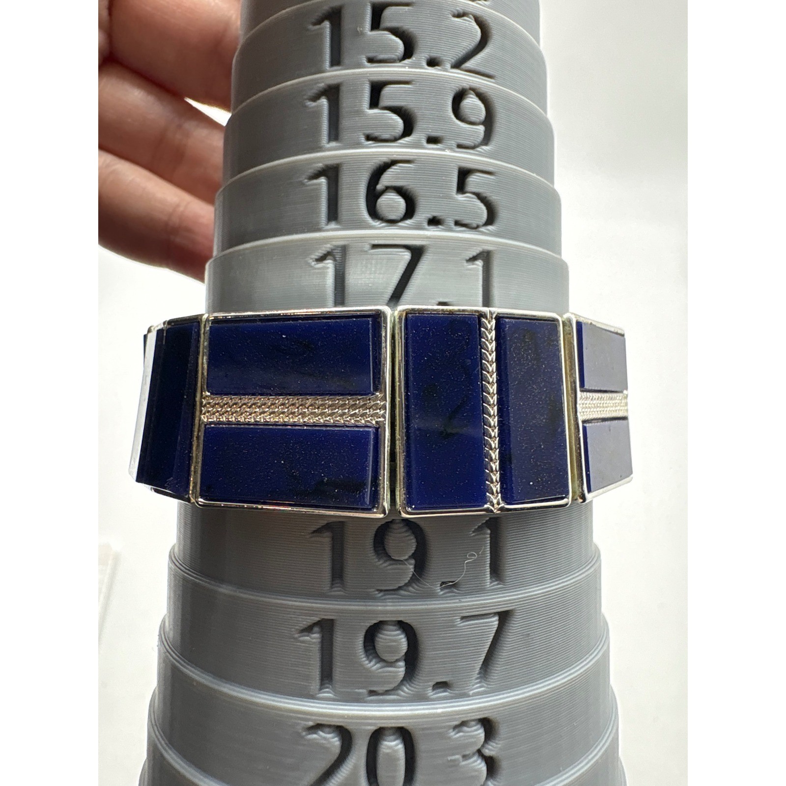 Vintage Silver Tone Cobalt Blue Black Geometric Stretch Statement Bracelet