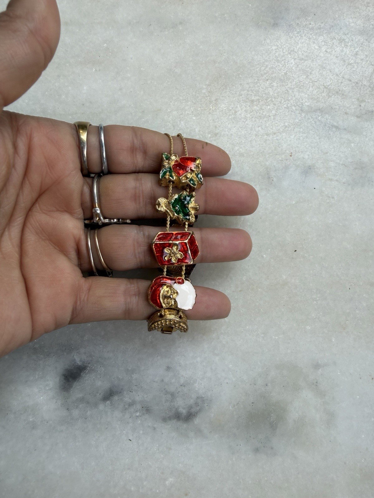 Gold Tone Enamel Christmas Holiday Charm Bracelet Red Green White Box Clasp