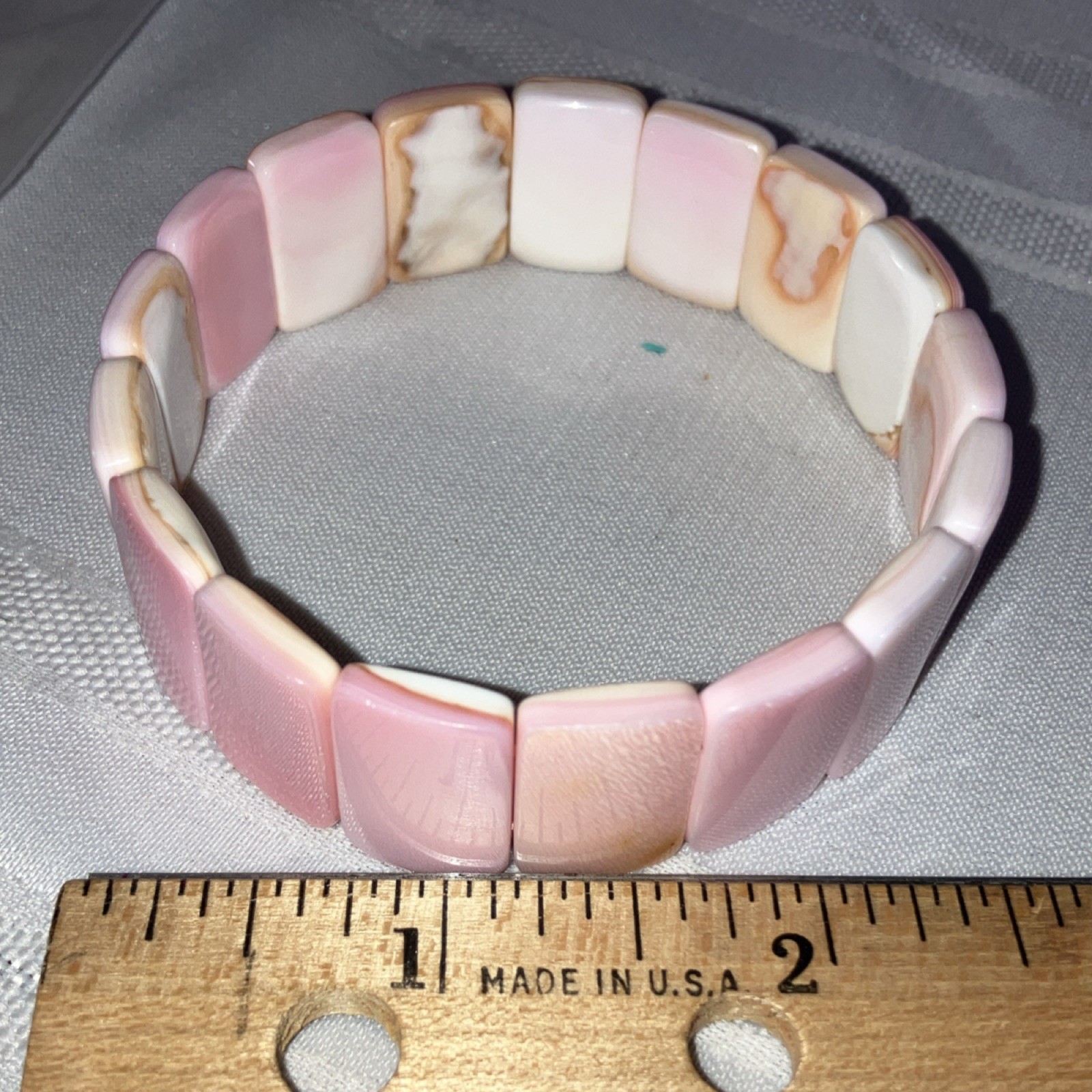 Pink Conch Shell Rectangle Beaded Stretch Bracelet 7.5″ Flexible 1 inch wide
