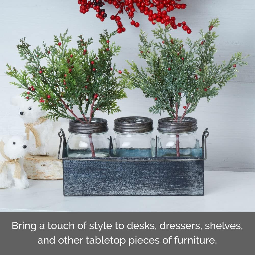 Three Glass Mason Jar in Metal Carrier Décor, Distressed Finish, 10.83X3.54X7.09