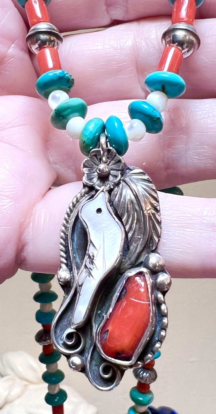 LOVELY Native, Navajo Signed Sterling Silver Turquoise, Coral, Etc Bird Necklace