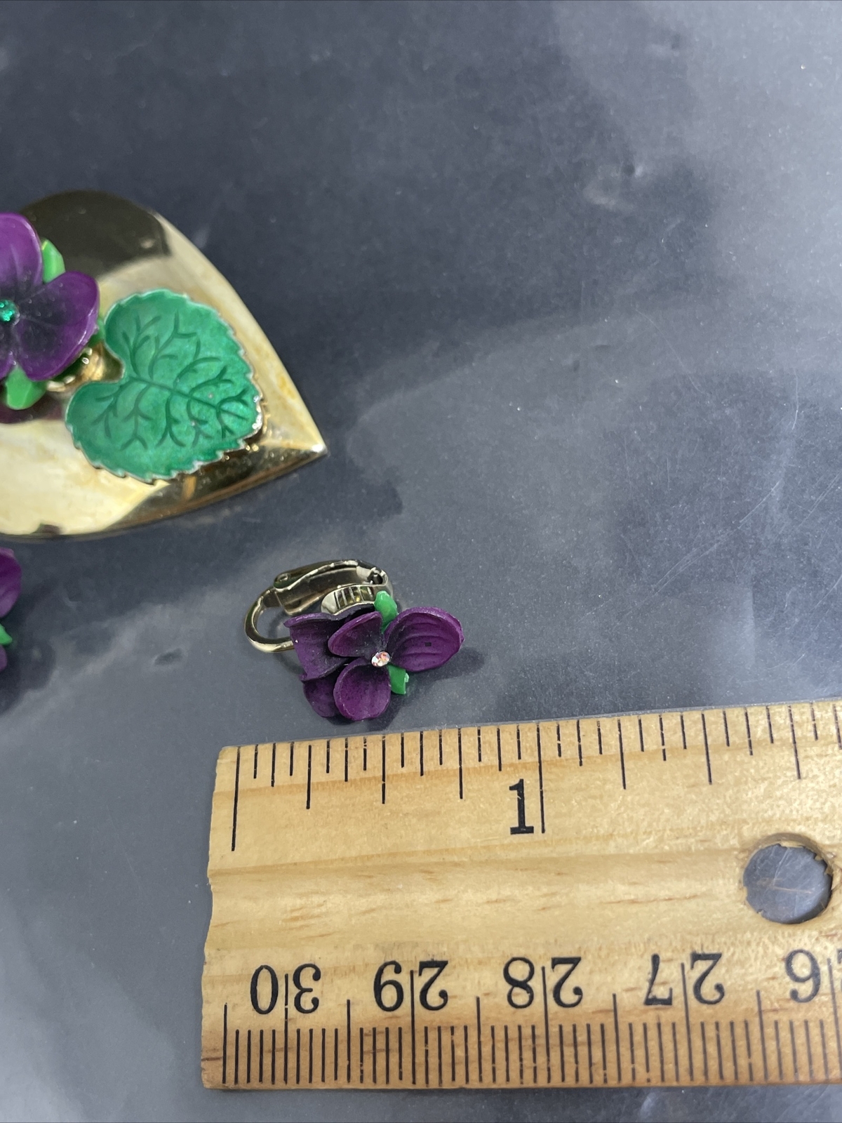 Vintage GoldTone, Enamel, Ceramic, Crystals Violet Heart Pendant/ClipOn Earrings