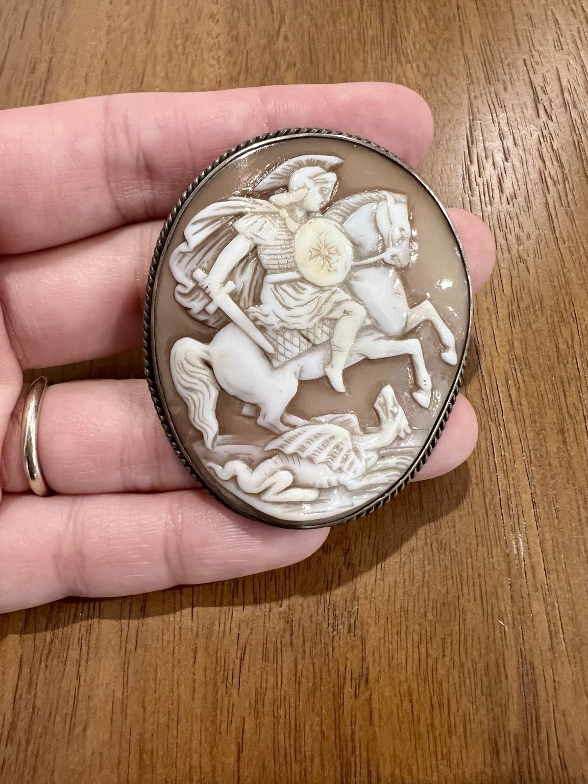 Large Antique 5.5cm Shell Cameo Brooch Saint George Slaying Dragon Silver c1920