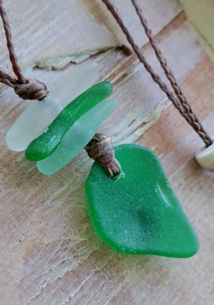 Handmade Bright Sea Glass Necklace Men Women Sinew Braid Hawaiian Rustic casual