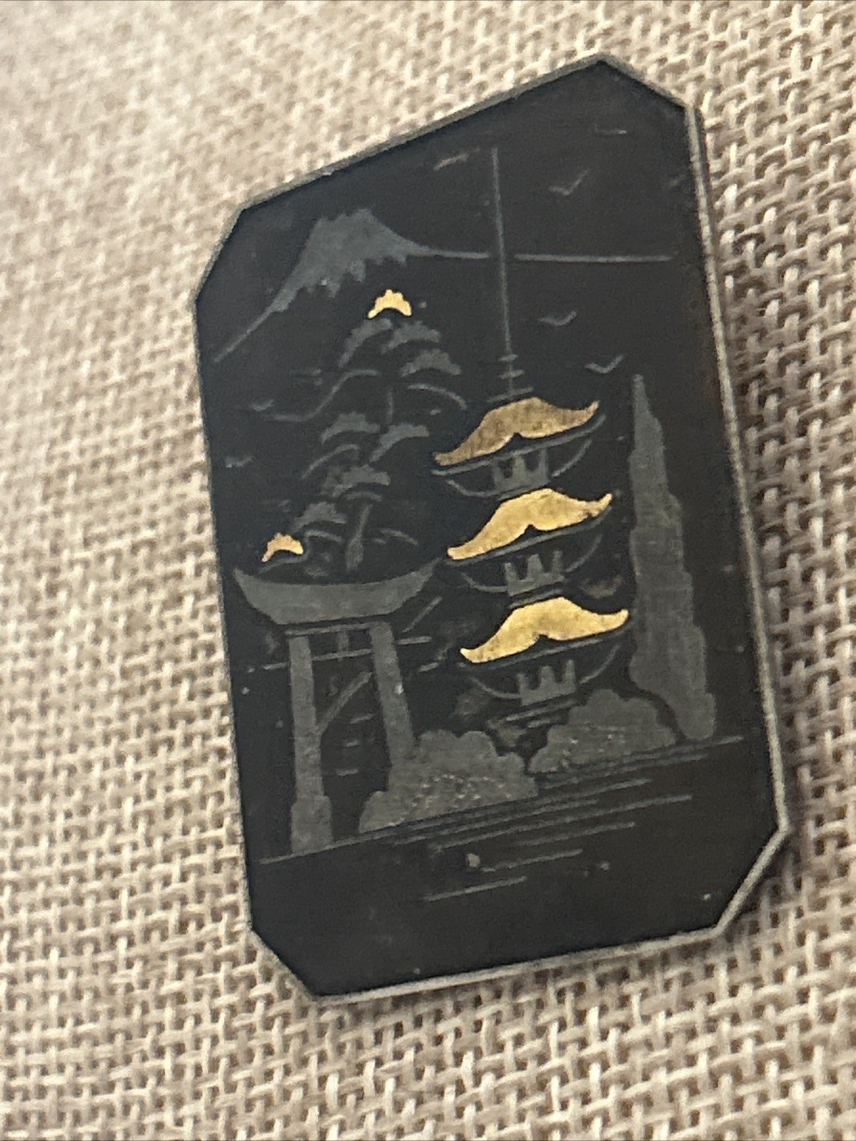 VTG Japanese Damascene 24K Gold Silver Inlay Brooch Mt Fuji Pagoda BROOCH PIN