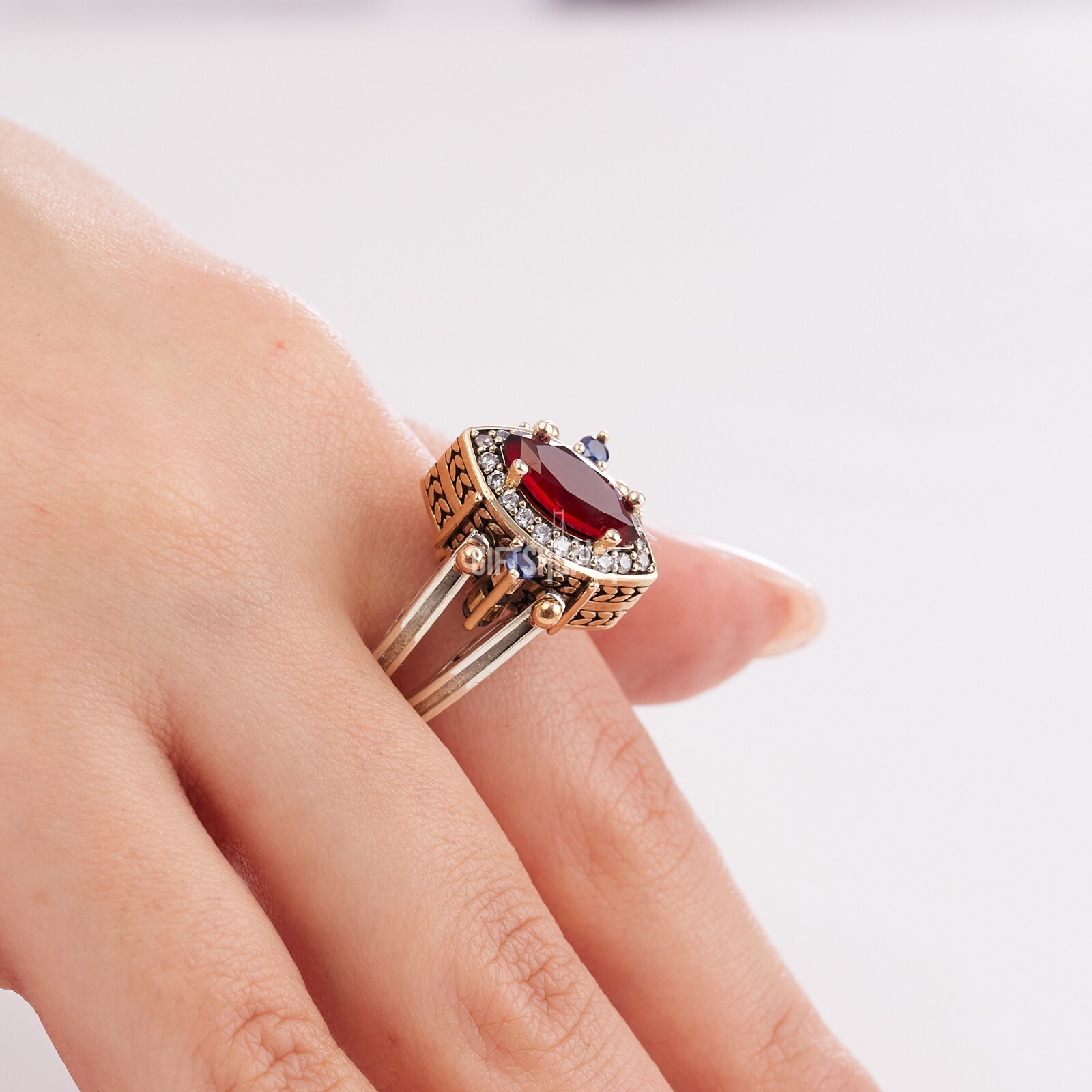 Turkish Reversible Marquise Sapphire Ruby Topaz 925 Sterling Silver Ring Size
