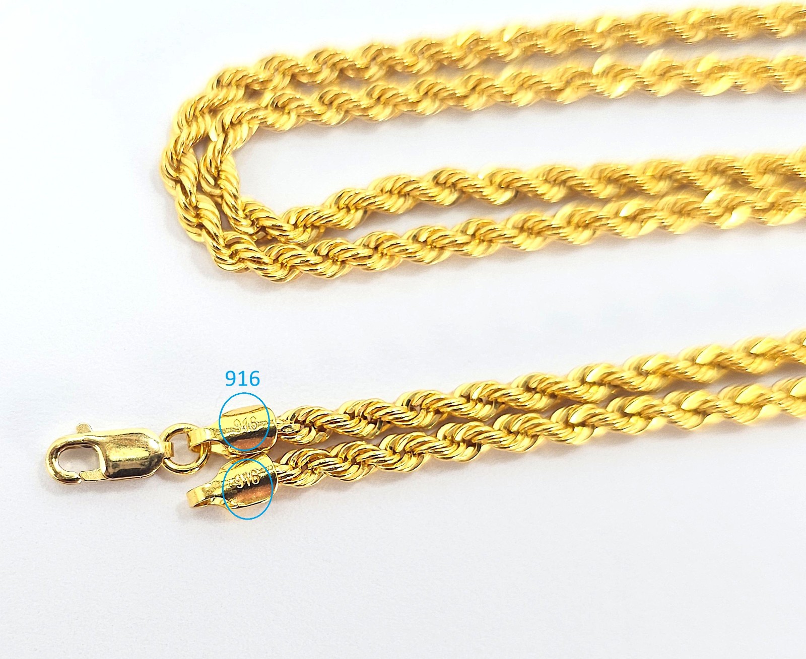 22K Gold Rope Chain Necklace 19.75 in 2.7 mm Hollow Genuine Hallmarked 916