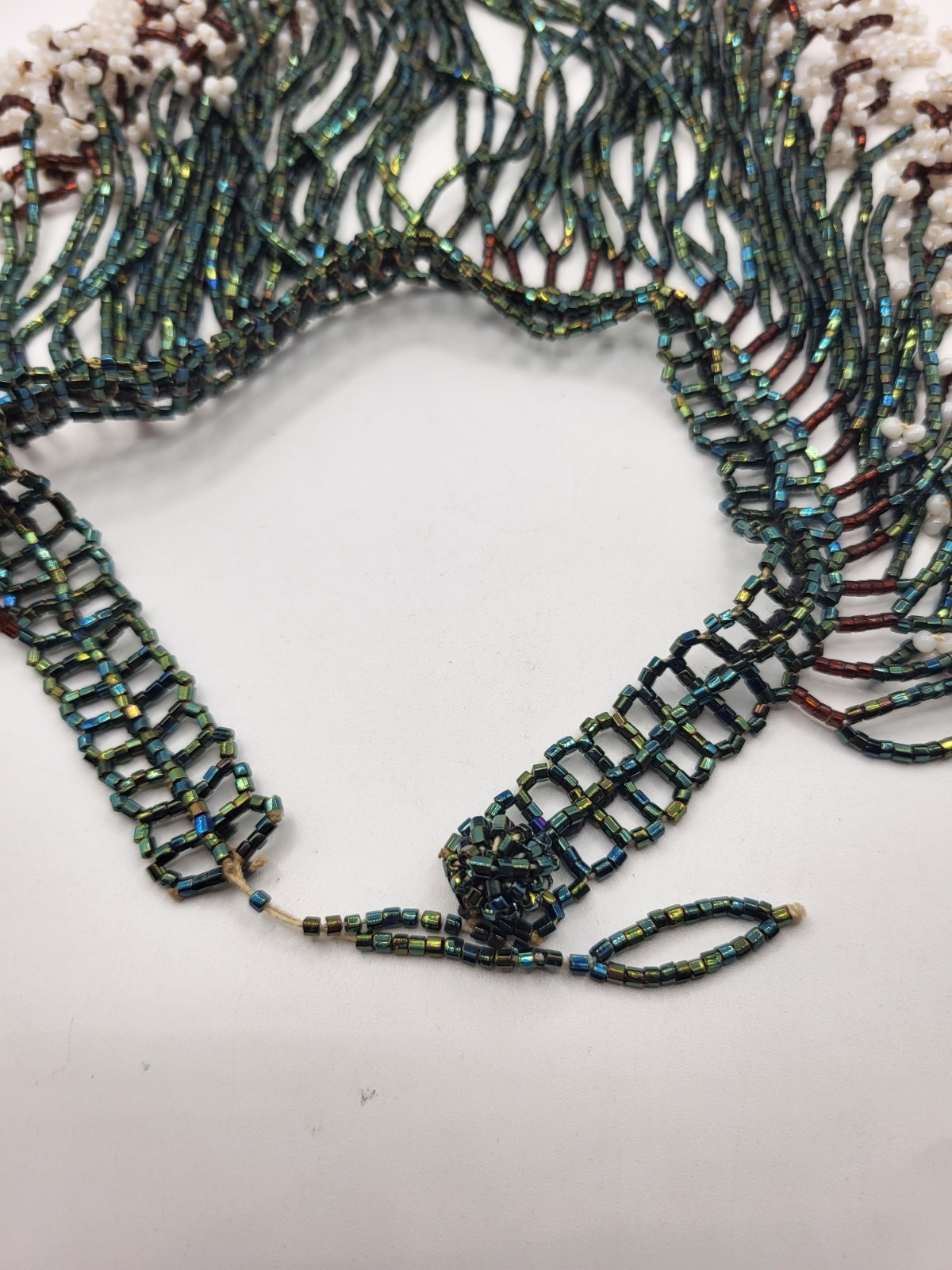 Handmade Blue Iridescent White Seed Bead Fringe Waterfall Choker Bib Necklace