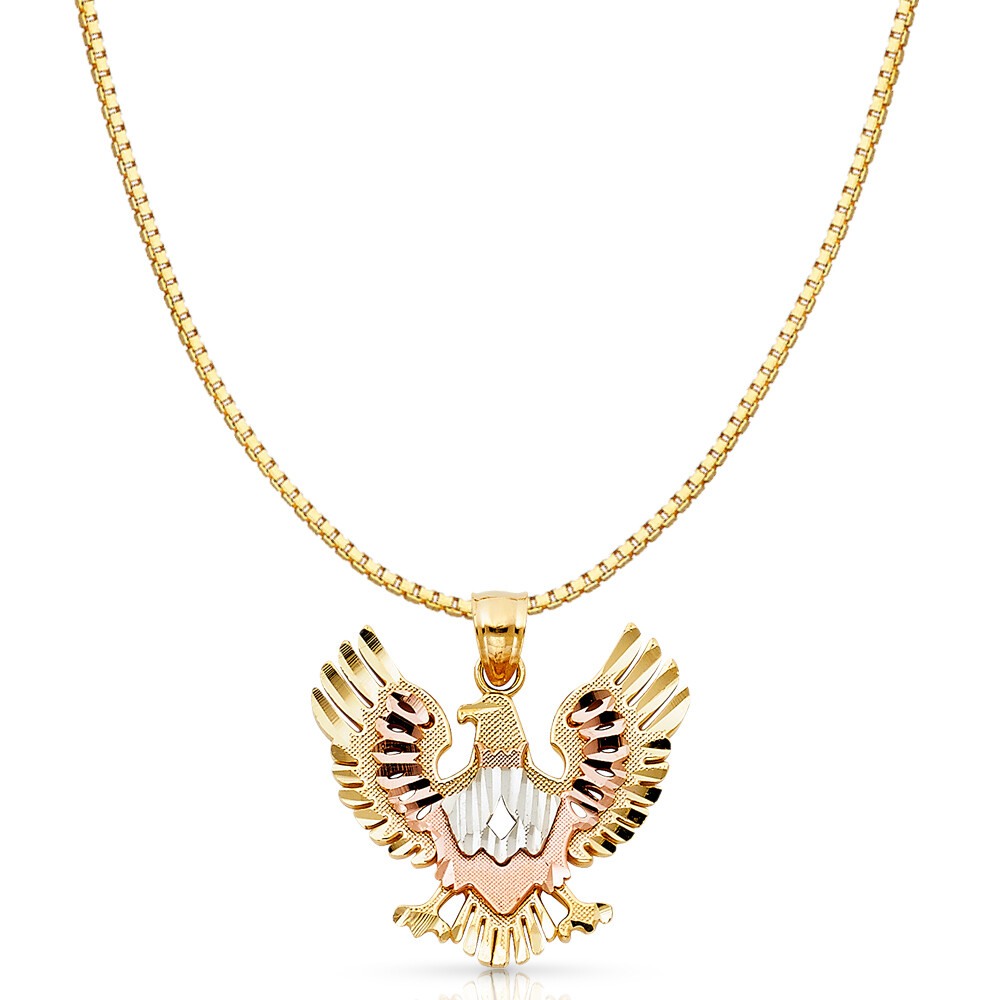 14K Tri Color Gold Eagle Charm Pendant with 1.2mm Box Chain Necklace