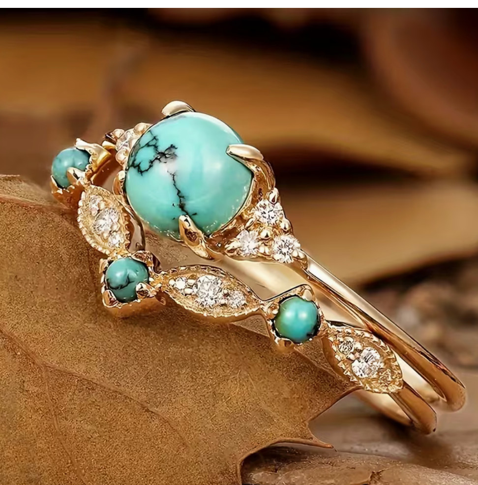 Vintage Turquoise Ring Set Boho Gold Filigree All Occasion Band Jewelry Sz 7