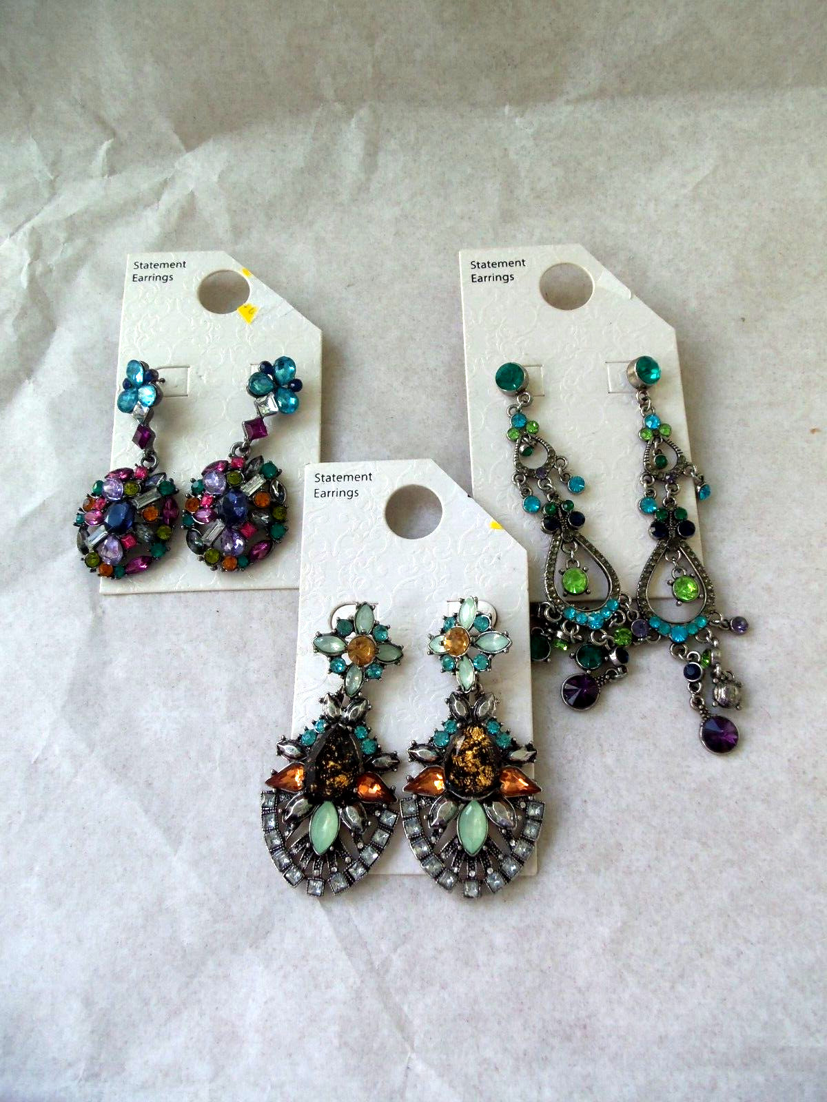 Fancy Jeweled Dangly Statement Earrings Lot! 3! PIERCED! COSTUME JEWELRY!
