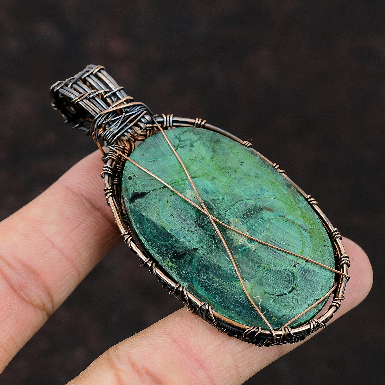 Gift For Her Russian Malachite Wire Wrapped Pendant Copper Jewelry 3.03″