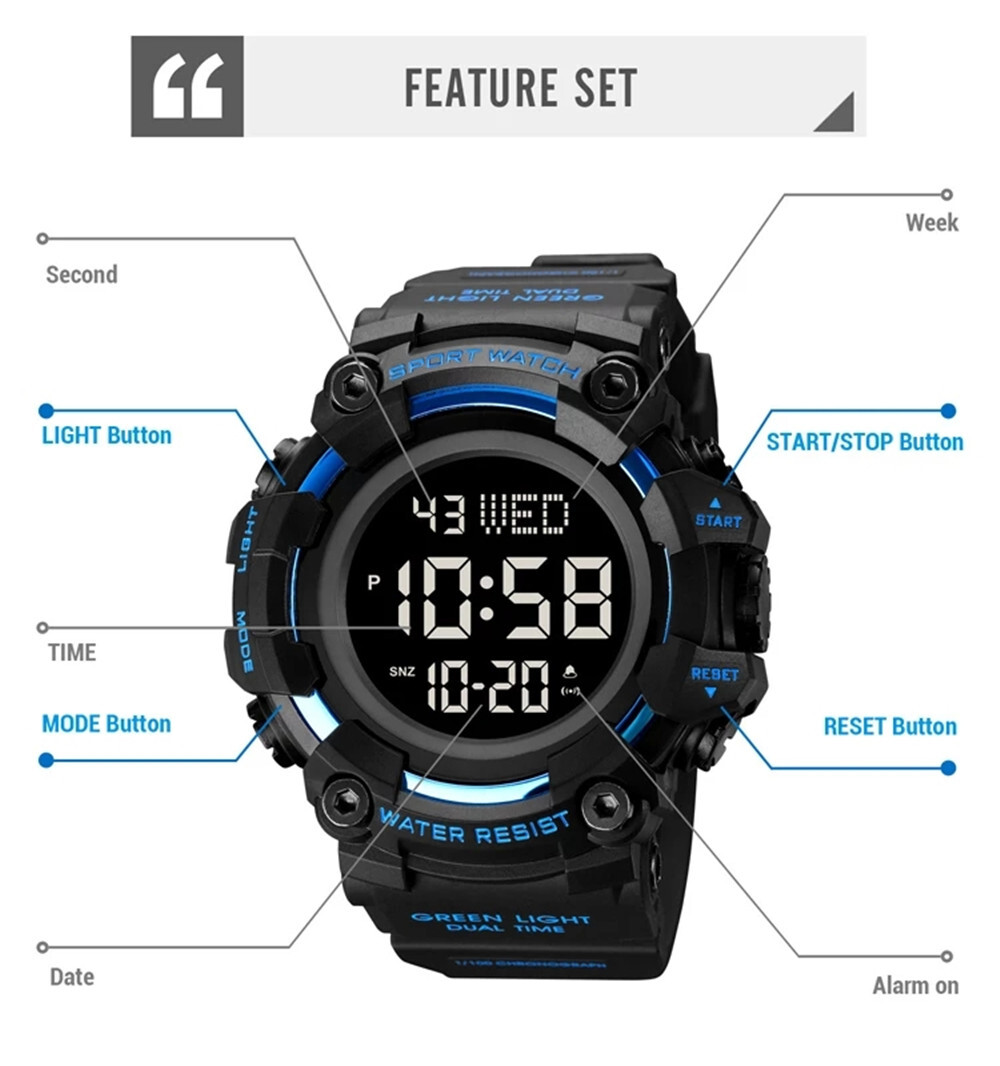 SKMEI Sport Watches Men Outdoor Digital Watch LED Alarm Stopwatch Boy Wristwatch