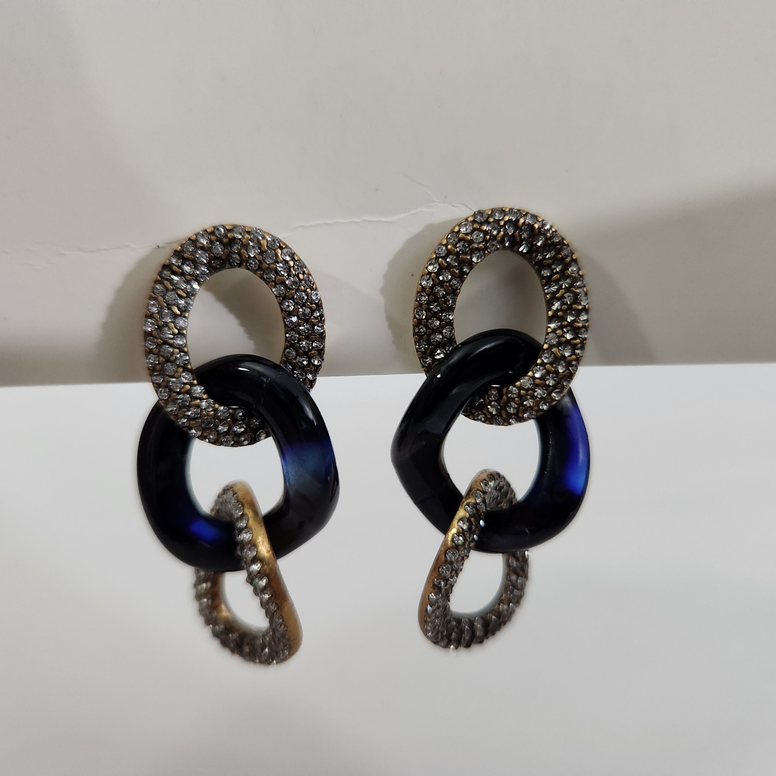 Ann Taylor Gold Tone Navy Link Rhinestone Interlocking Dangle Earrings Signed