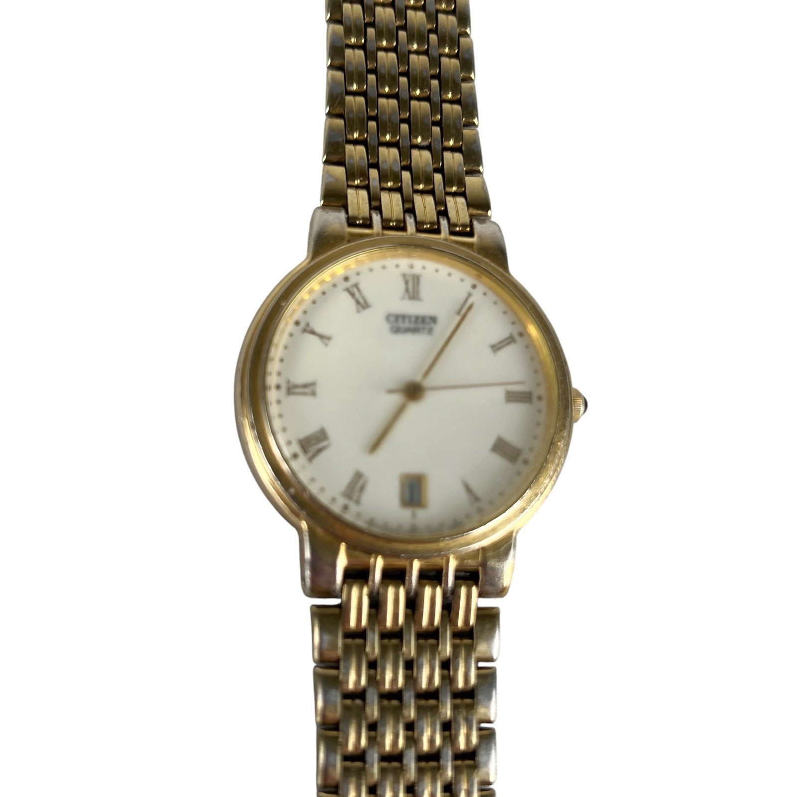 Vintage Citizen Quartz Gold Tone Watch Roman Numeral Date Classic Dress