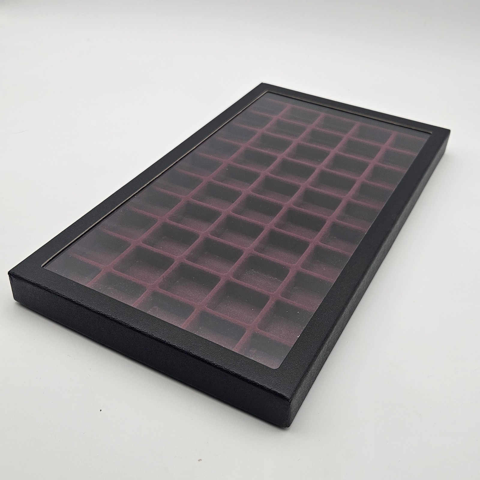 NOS Jewelry Tray Cube Display 50 Slot 14.5″ x 8″ x 1″ Flocked Burgundy Glass Top