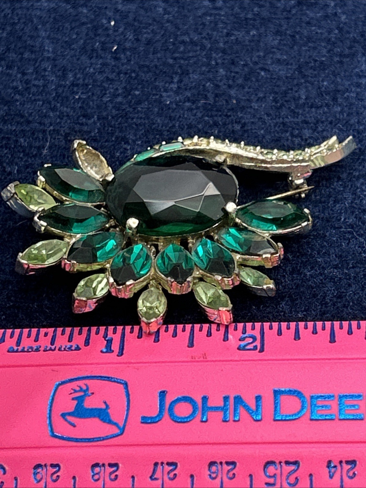 Vintage Designer Signed Pell Emerald Green Prong Set Pave and Rhinestone Brooch
