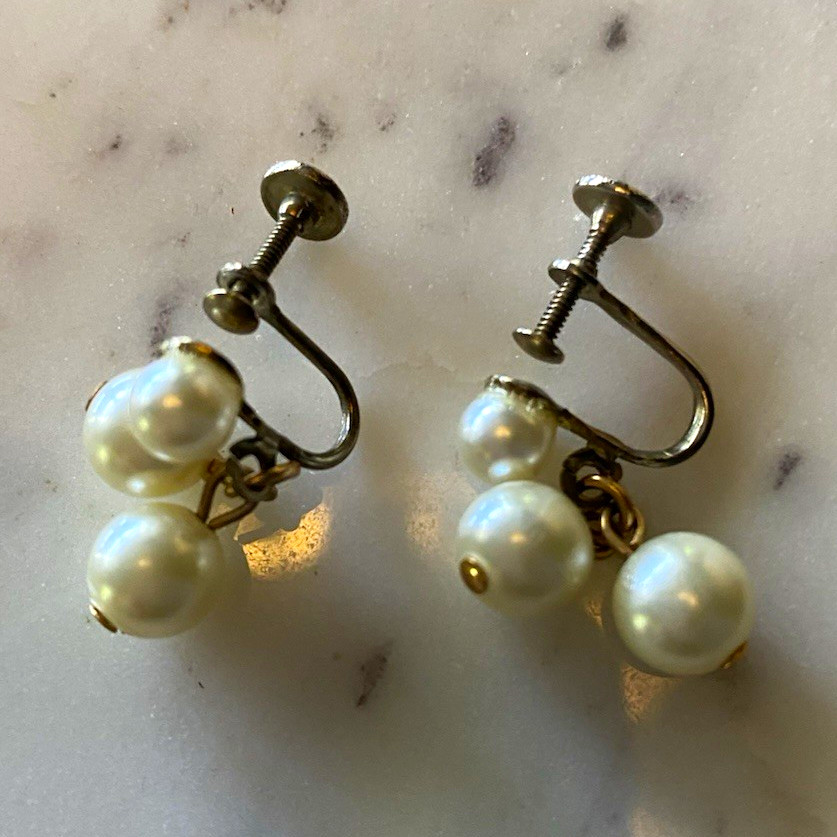 Clip-On Dangle/Drop Earrings Silver Tone with White Simulated Pearl Beads