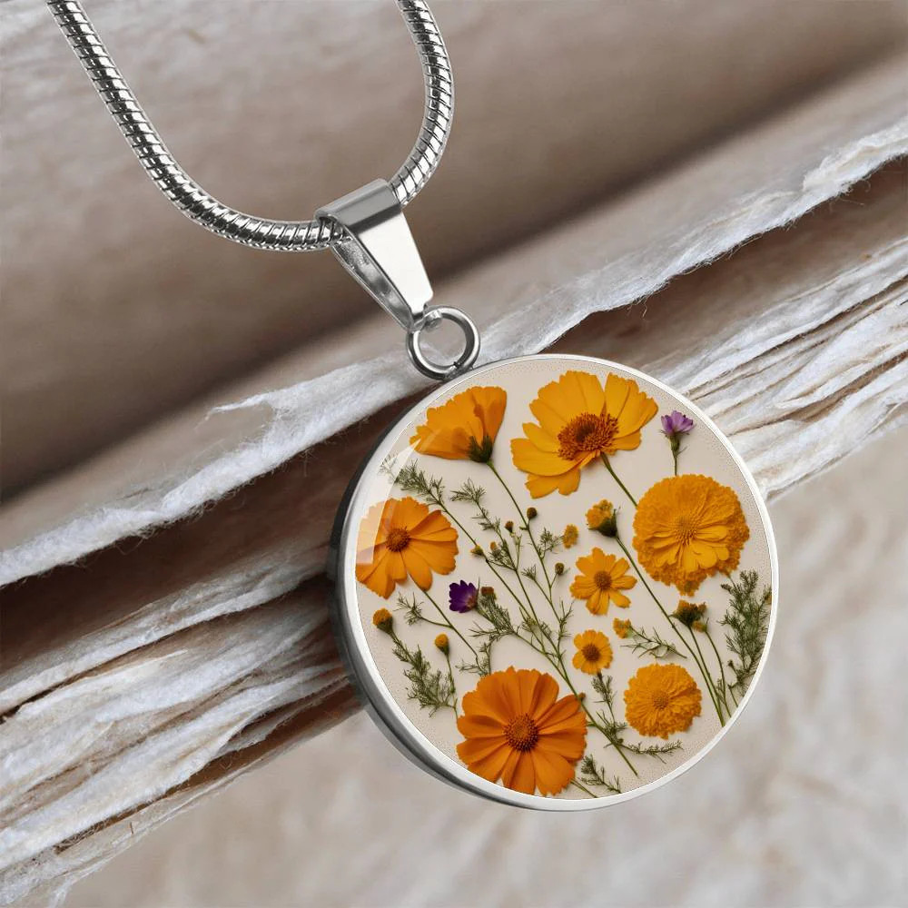 October Birth Month Flower Necklace Marigolds and Cosmos Pendant