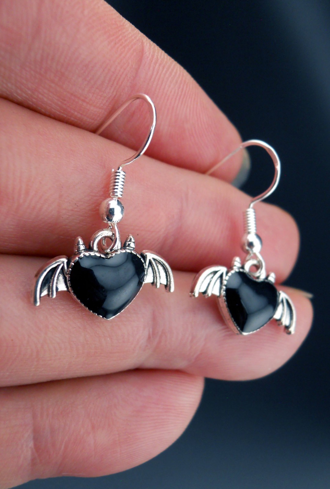 Gothic Bat Earrings Sterling Silver Ear Wires Devil Horns Black Heart Goth New