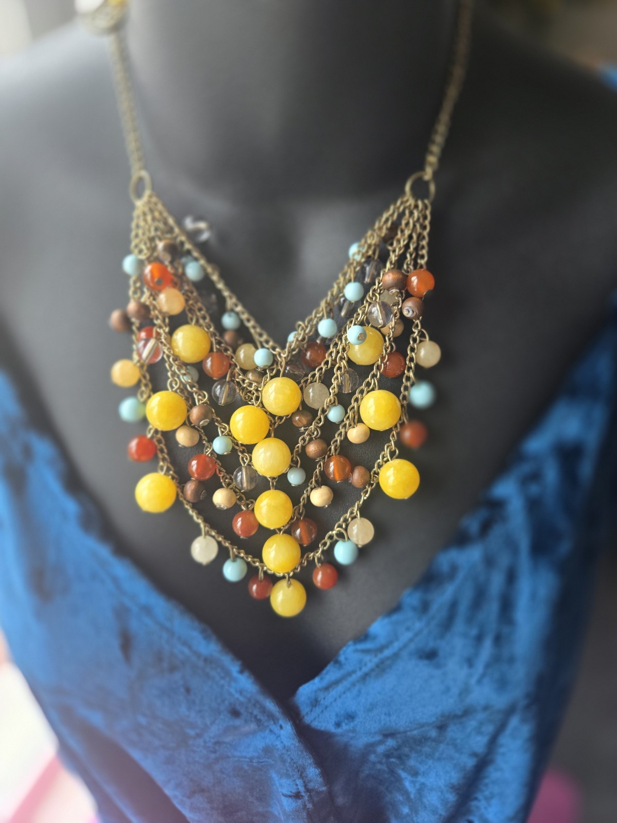 BLP Statement Bib Beaded Necklace Multi-Strand Yellow Red Blue Brown 19 in Cable