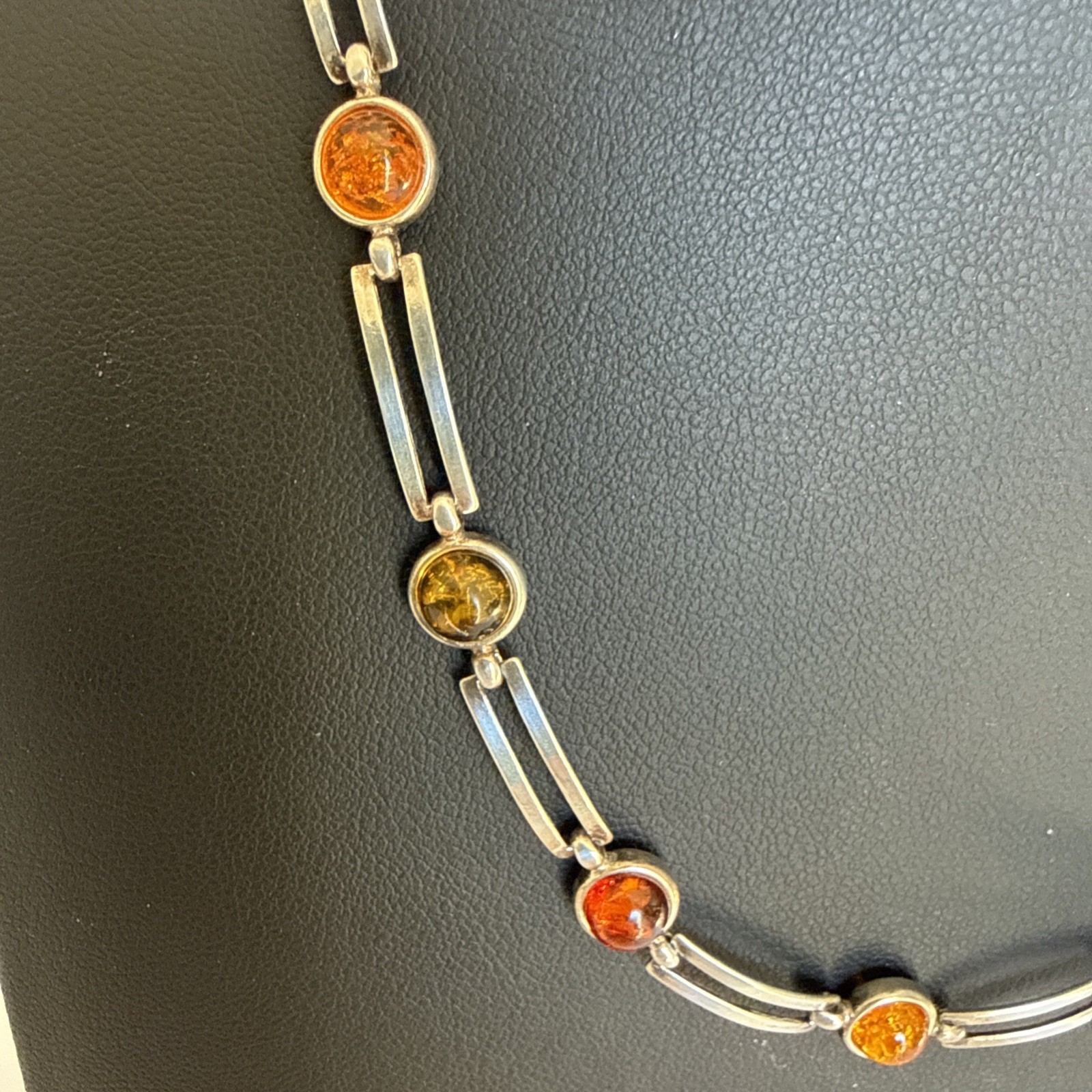 Sterling Silver Multi Color Amber Station Necklace 925 Baltic Amber Bezel Set