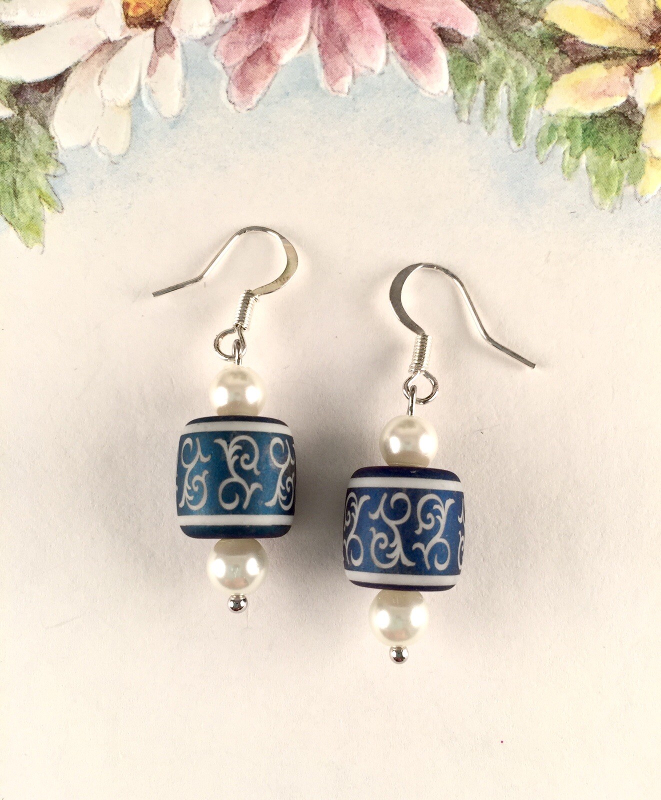 Blue & White Pearl Silver Drop Earrings Women Handmade Artisan Fashion Jewelry