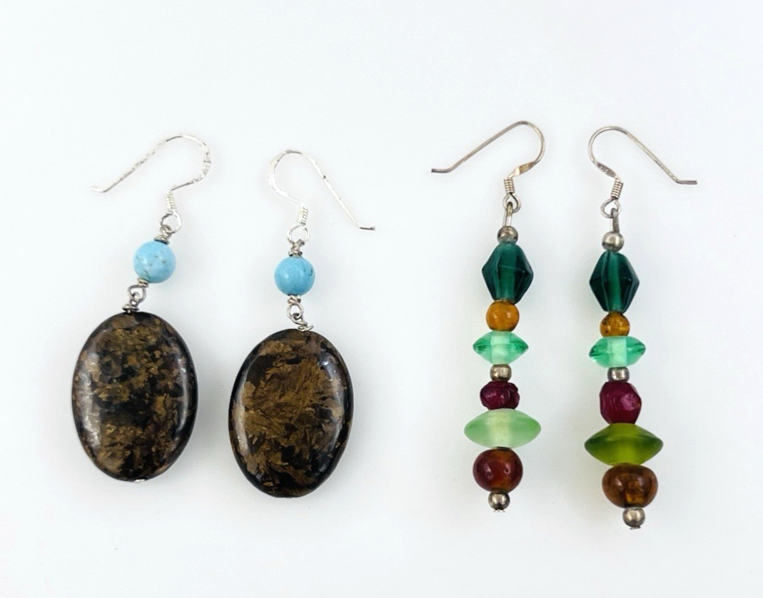 Lot of Two Beaded Sterling Silver Bronzite Turquoise Glass Dangle Earrings