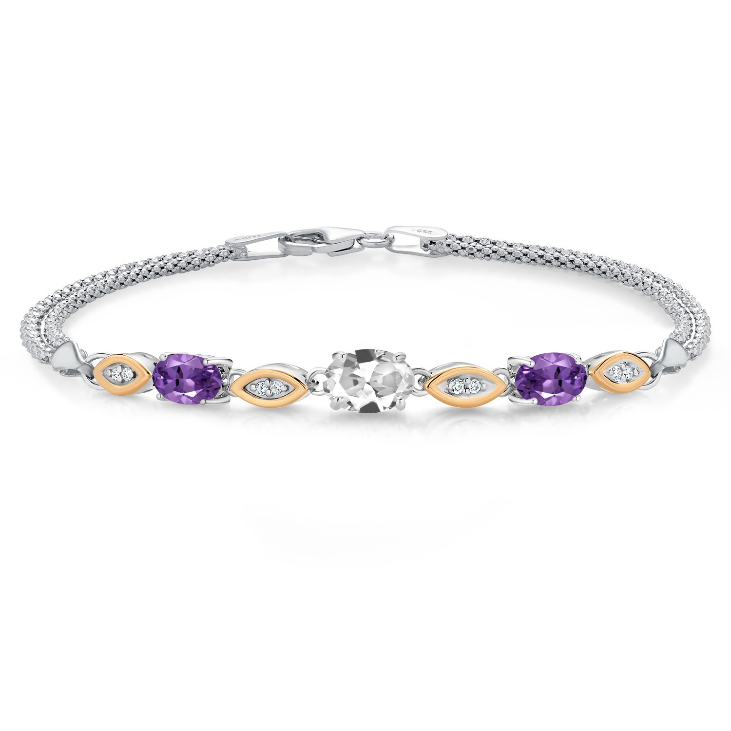 925 Silver and 10K Yellow Gold White Created Sapphire and Amethyst and White