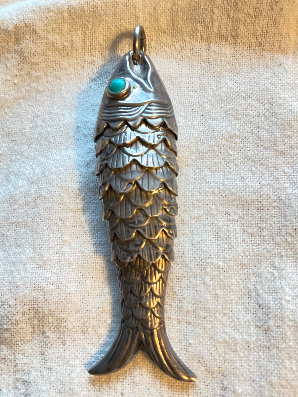 Sterling Silver 3.25” 925 Flexible Large Fish Pendant turquoise colored eyes